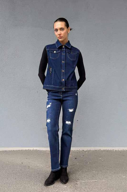 Kadın Bol Kesim Koyu Yıkamalı İşleme Detaylı Kot Yelek