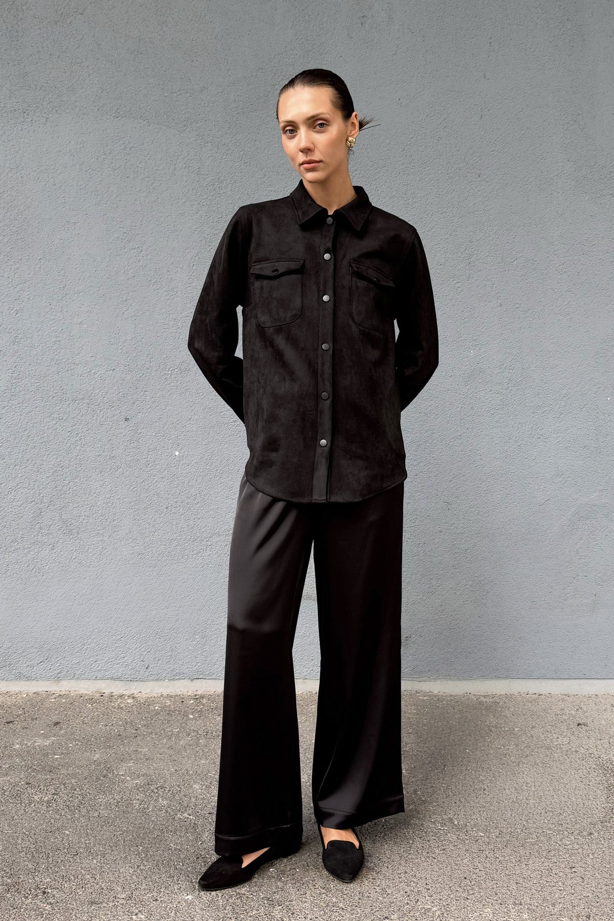 Siyah Kadın Süet Bol Kalıp Gömlek Ceket