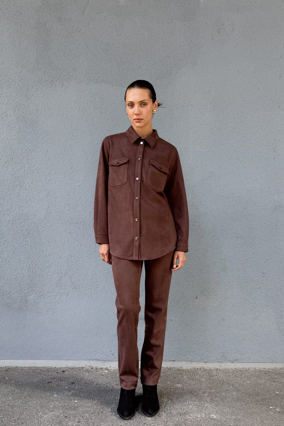 Kahve Kadın Süet Bol Kalıp Gömlek Ceket