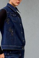 Kadın Bol Kesim Koyu Yıkamalı İşleme Detaylı Kot Yelek