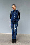 Kadın Bol Kesim Koyu Yıkamalı İşleme Detaylı Kot Yelek