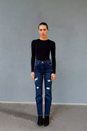 Yırtık Detaylı Koyu Yıkama Bootcut Jeans