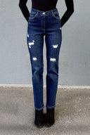 Yırtık Detaylı Koyu Yıkama Bootcut Jeans