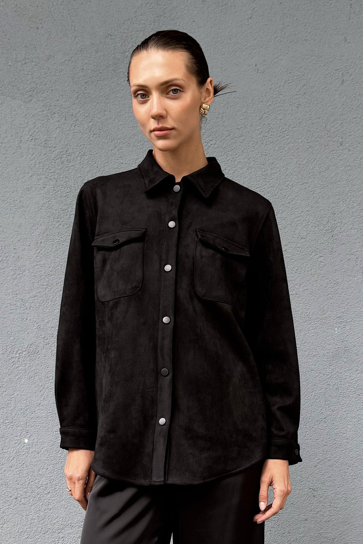 Siyah Kadın Süet Bol Kalıp Gömlek Ceket