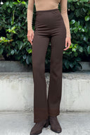 Kahve Krep Kumaş Belden Lastikli Hafif İspanyol Paça Pantolon