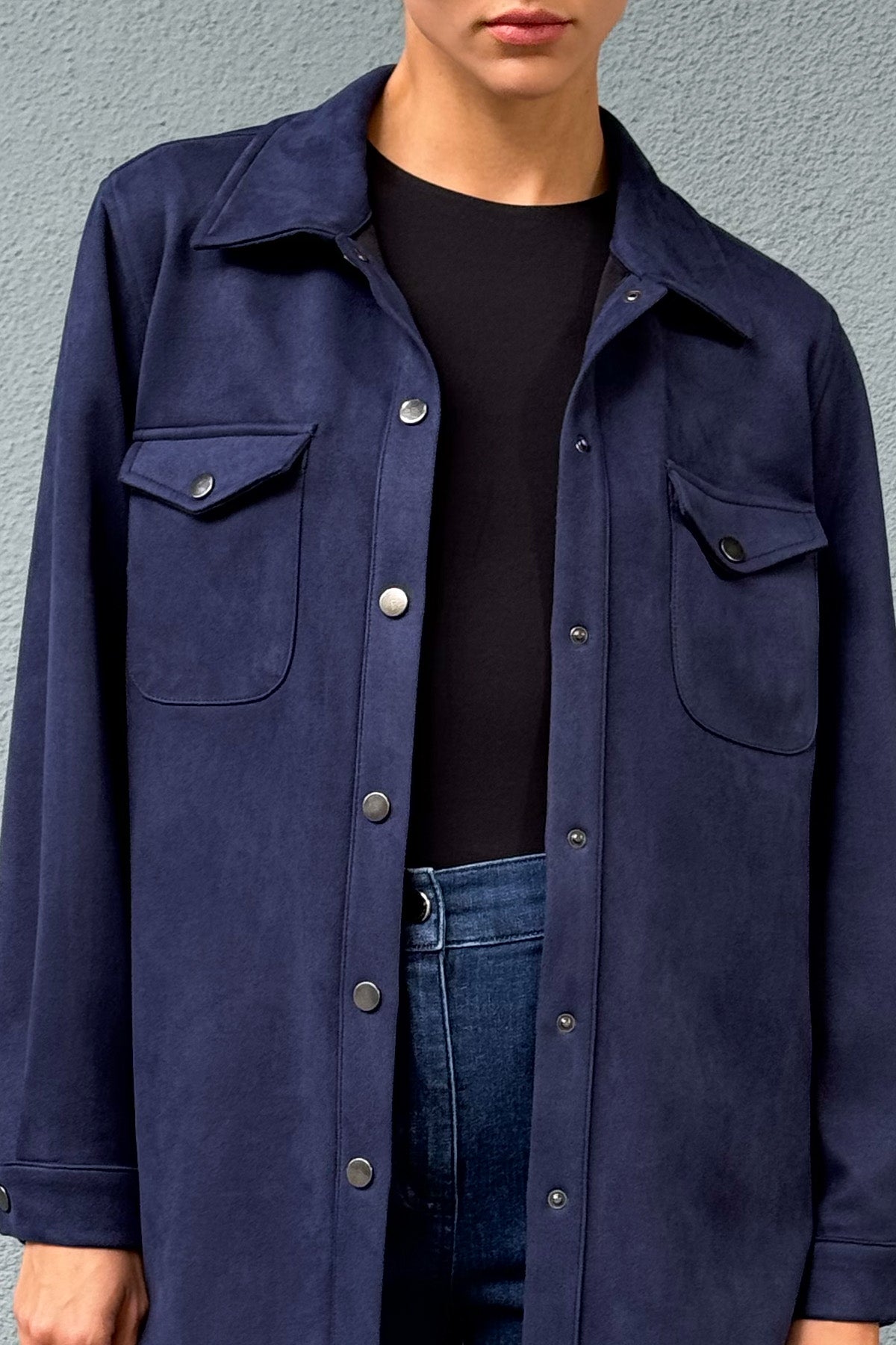 Lacivert Kadın Süet Bol Kalıp Gömlek Ceket