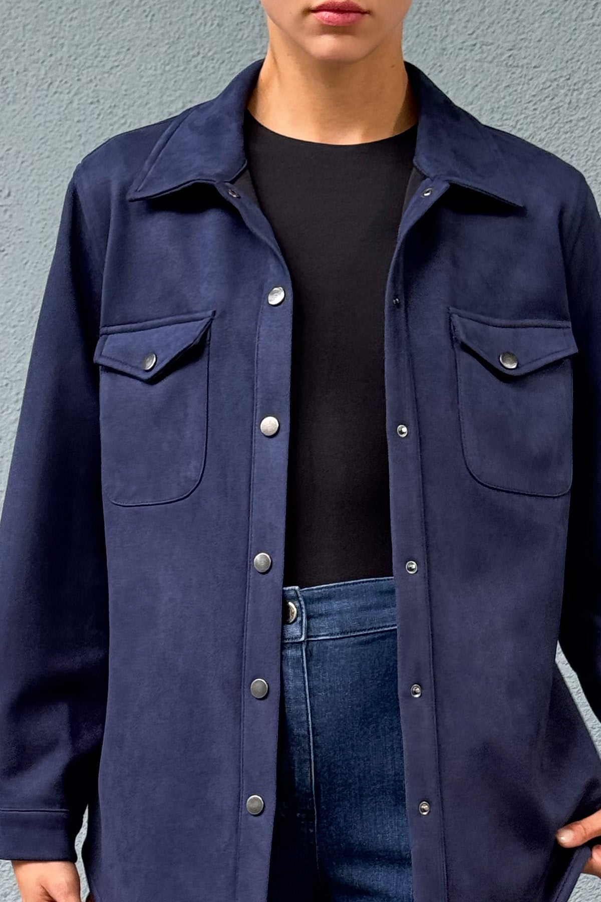 Lacivert Kadın Süet Bol Kalıp Gömlek Ceket