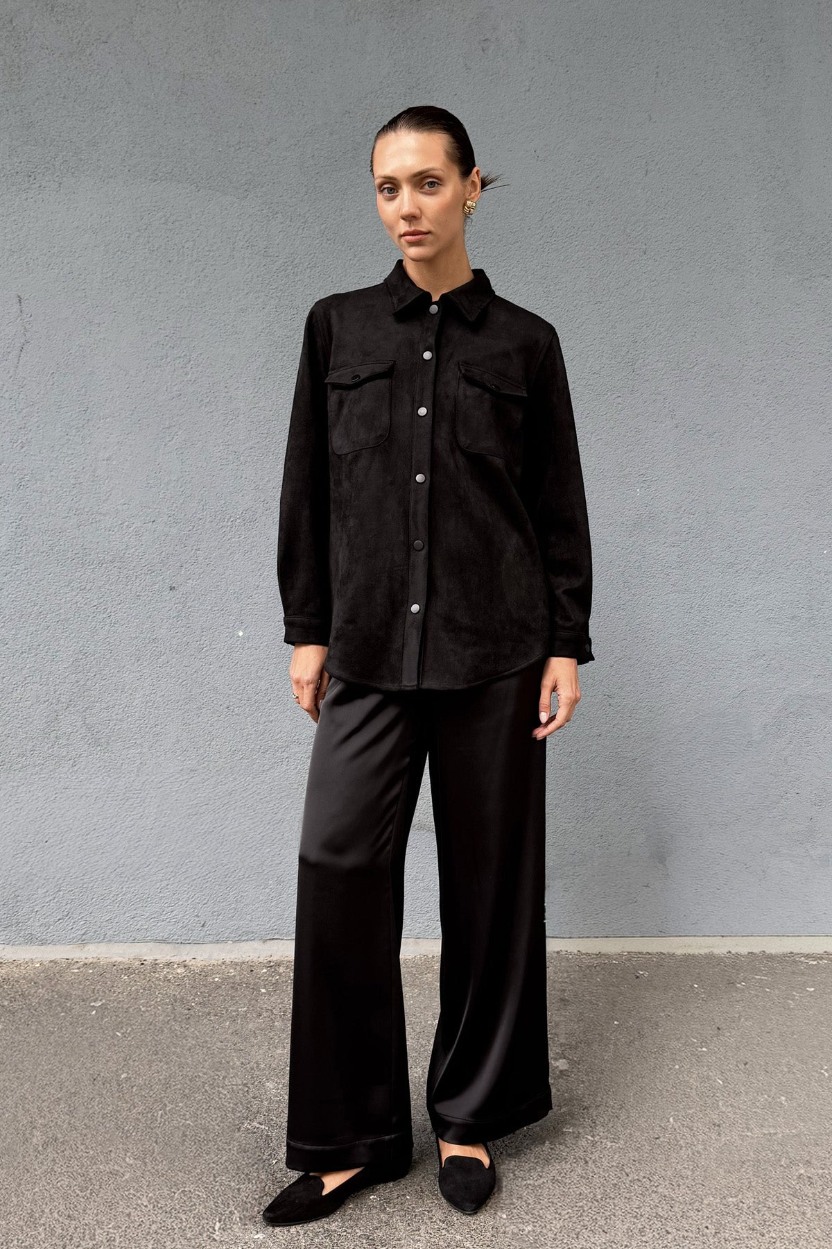 Siyah Kadın Süet Bol Kalıp Gömlek Ceket