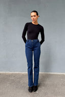 Yüksek Bel Belden Lastikli Hafif İspanyol Paça Jeans