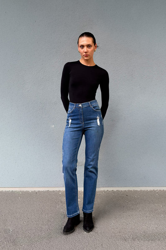 Yırtık ve Taş Detaylı Mavi Bootcut Jeans