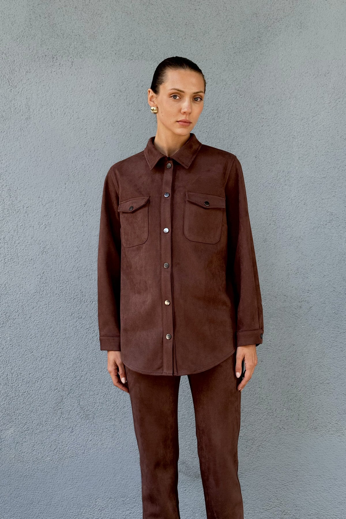 Kahve Kadın Süet Bol Kalıp Gömlek Ceket