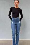 Yüksek Bel Yırtık ve Taş Detaylı Mavi Bootcut Jeans