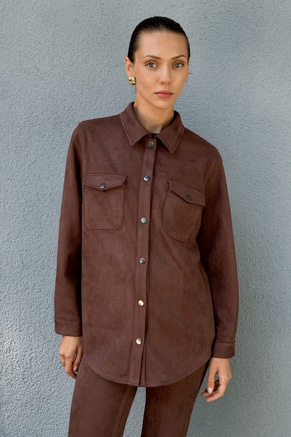 Kahve Kadın Süet Bol Kalıp Gömlek Ceket