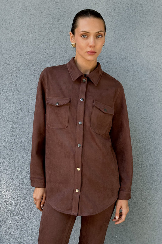 Kahve Kadın Süet Bol Kalıp Gömlek Ceket