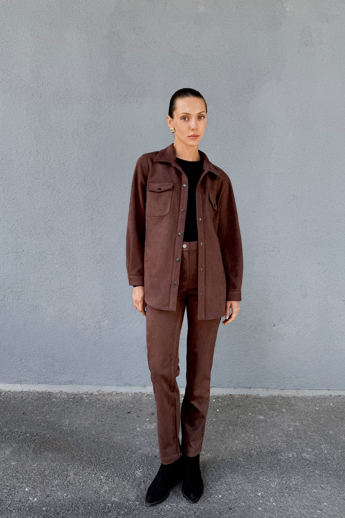 Kahve Kadın Süet Bol Kalıp Gömlek Ceket