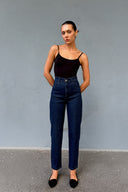 Barrel Fit Koyu Renk Yıkamalı Yüksek Bel Jean