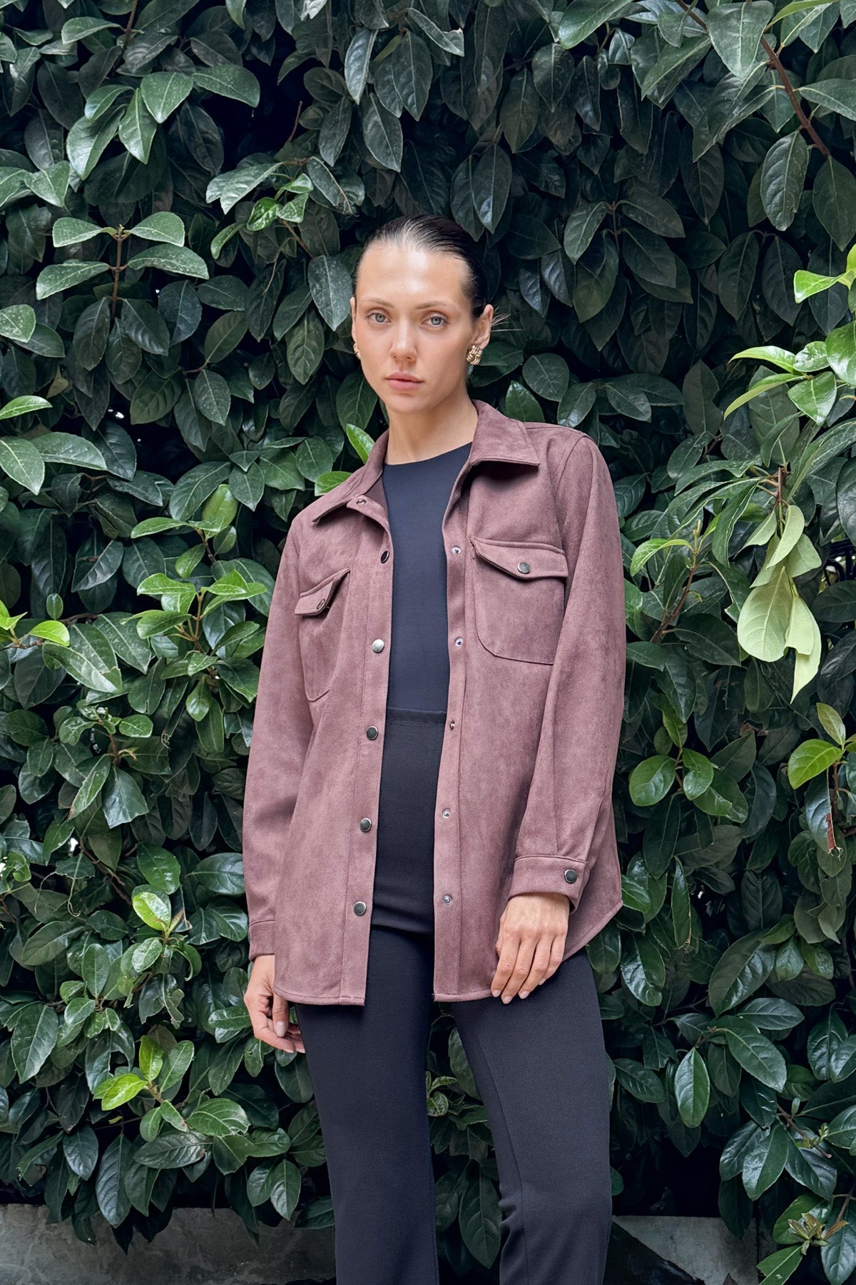 Kahve Kadın Süet Bol Kalıp Gömlek Ceket