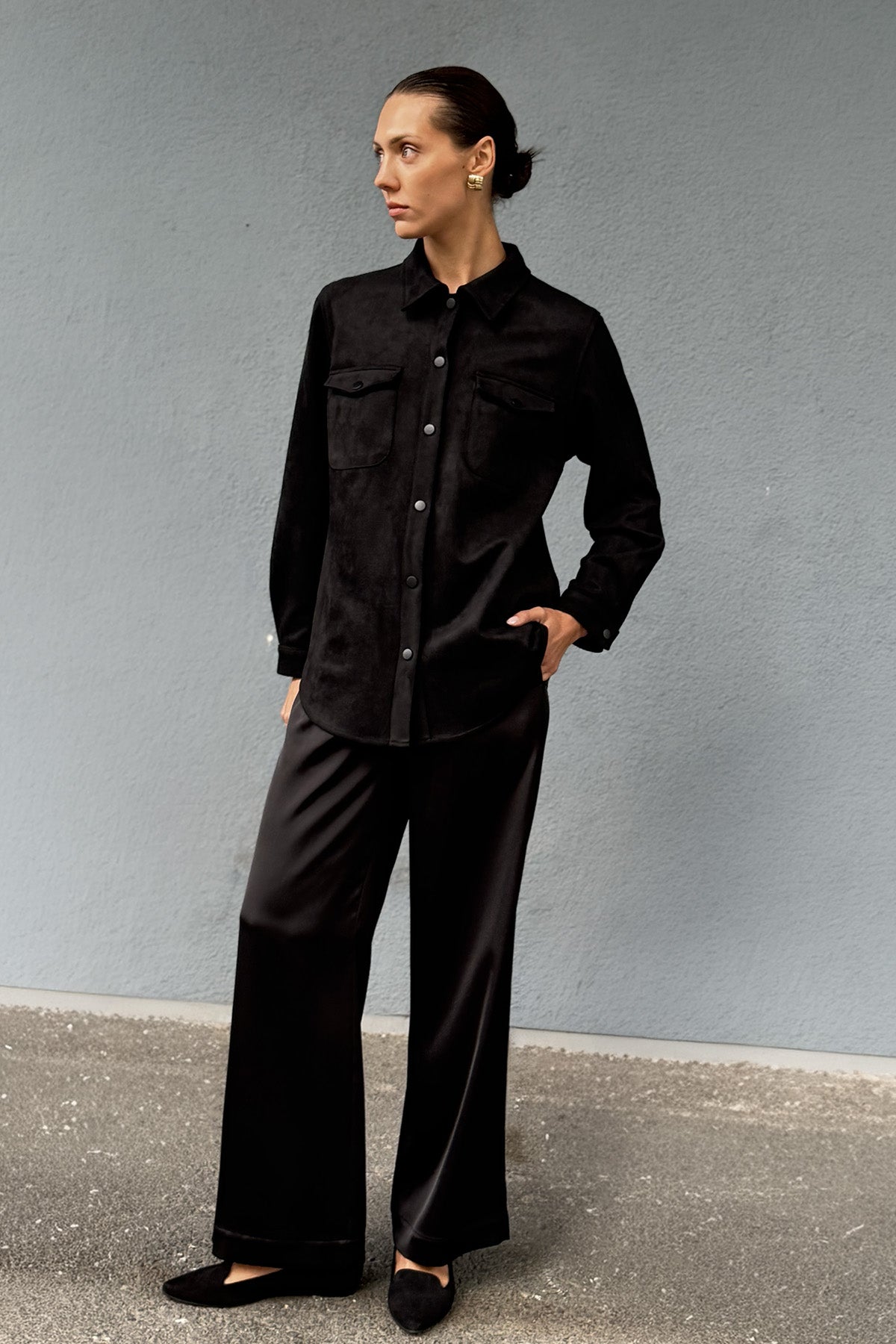 Kadın Siyah Saten Belden Lastikli Bol Paça Pantolon