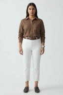 Women's High Waisted Bootcut Pants with White Embroidered Hems