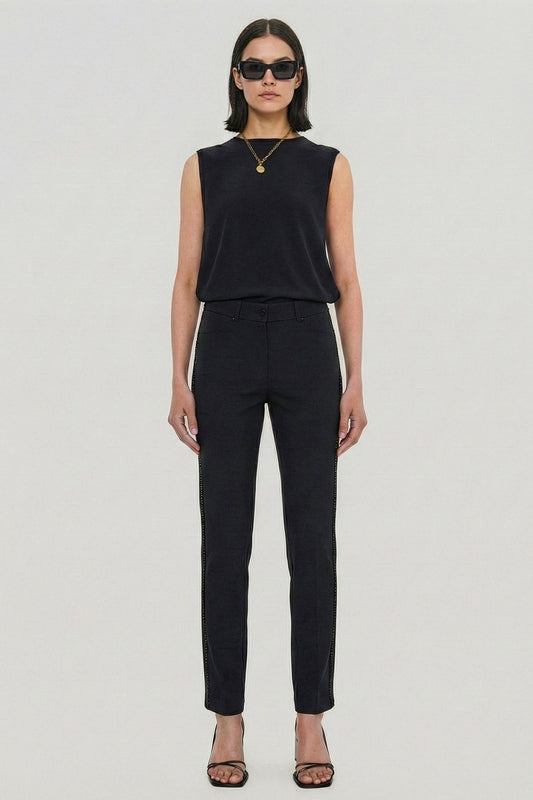 Kadın Siyah Yüksek Bel Vücut Toparlayıcı Kalın Çelik Örme Yanları Taşlı Pantolon