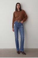 Yüksek Bel Yırtık ve Taş Detaylı Mavi Bootcut Jeans