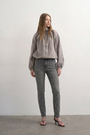 Yüksek Bel Işıltılı Dalga Desenli Taş İşlemeli Gri Jean