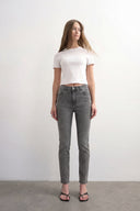 High-Waisted Shimmering Wave Pattern Embellished Grey Jeans
