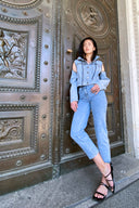 Washed Denim Jacket with Detachable Hood and Sleeves