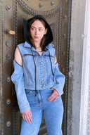 Washed Denim Jacket with Detachable Hood and Sleeves