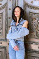Washed Denim Jacket with Detachable Hood and Sleeves
