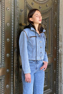 Washed Denim Jacket with Detachable Hood and Sleeves