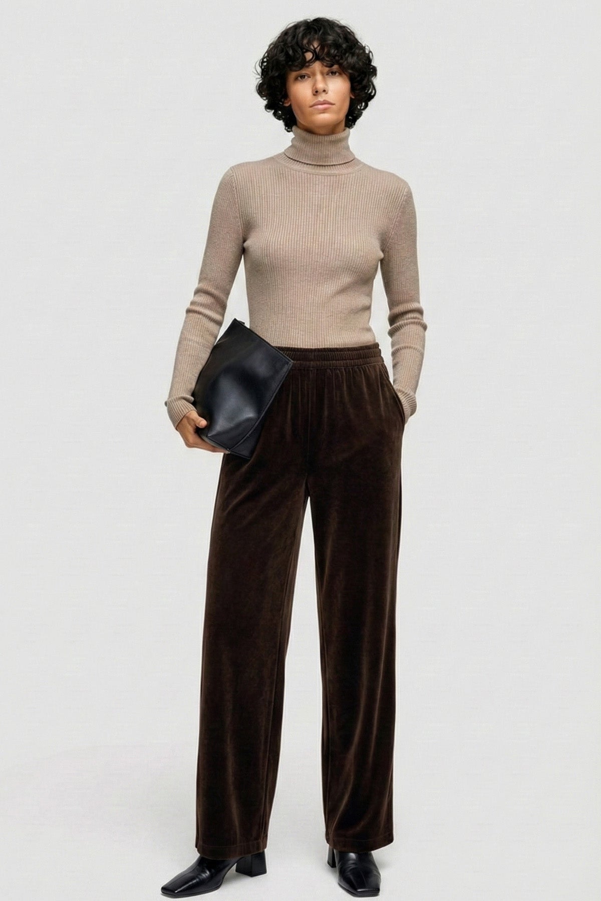 Beli Lastikli Bol Paça Kahve Kadife Pantolon