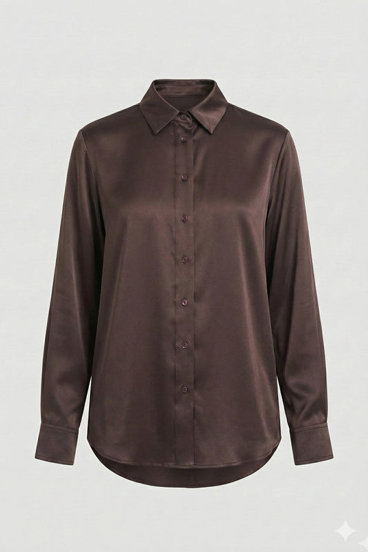 Kadın Kahve Yumuşak Saten Gömlek