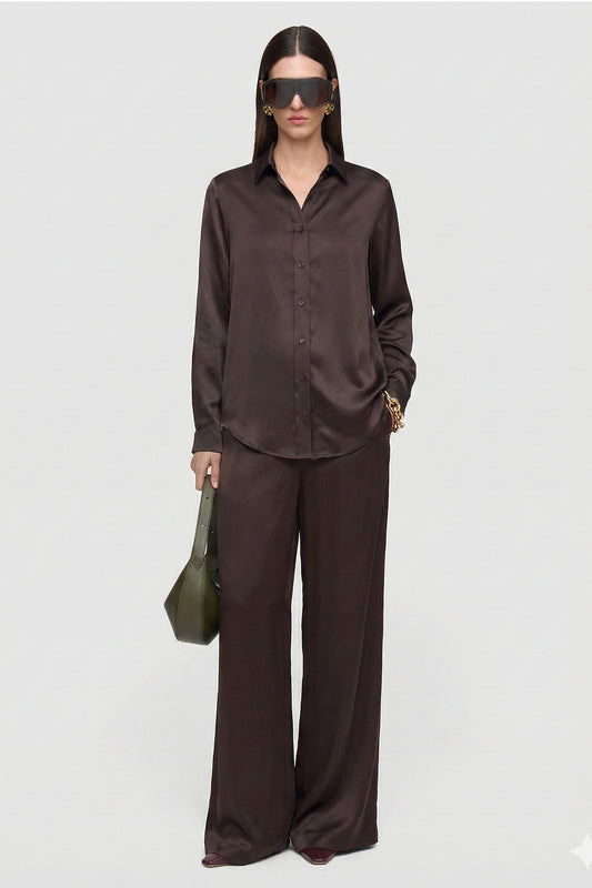 Kadın Kahve Saten Belden Lastikli Bol Paça Pantolon