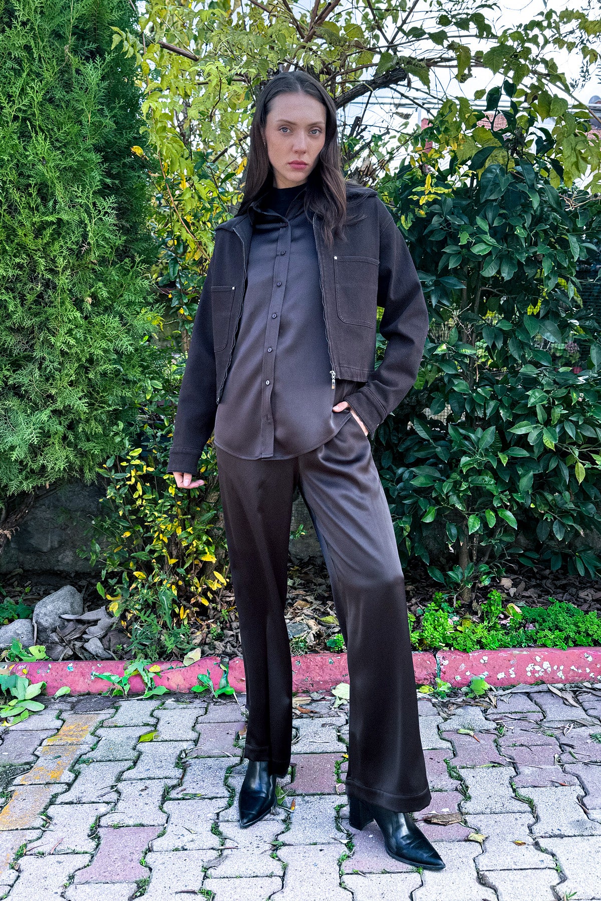 Kadın Kahve Saten Belden Lastikli Bol Paça Pantolon