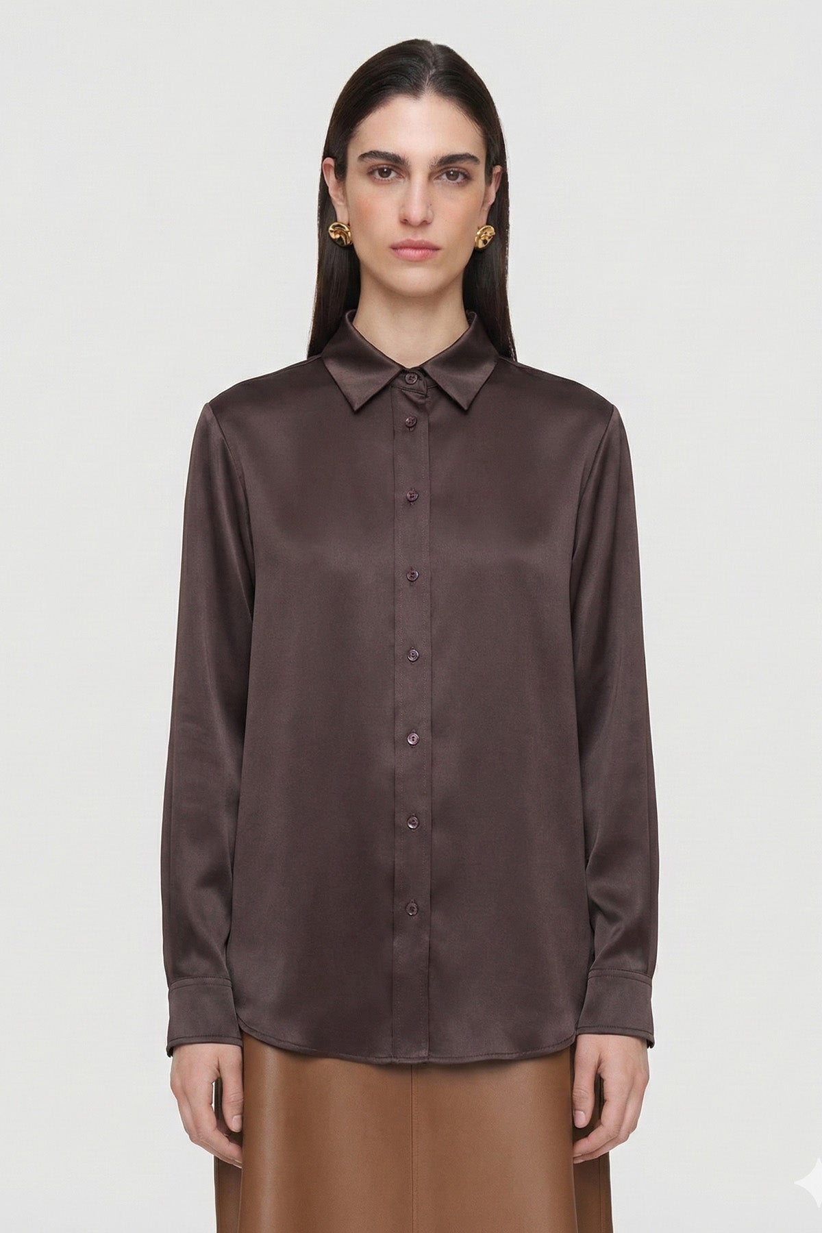 Kadın Kahve Yumuşak Saten Gömlek