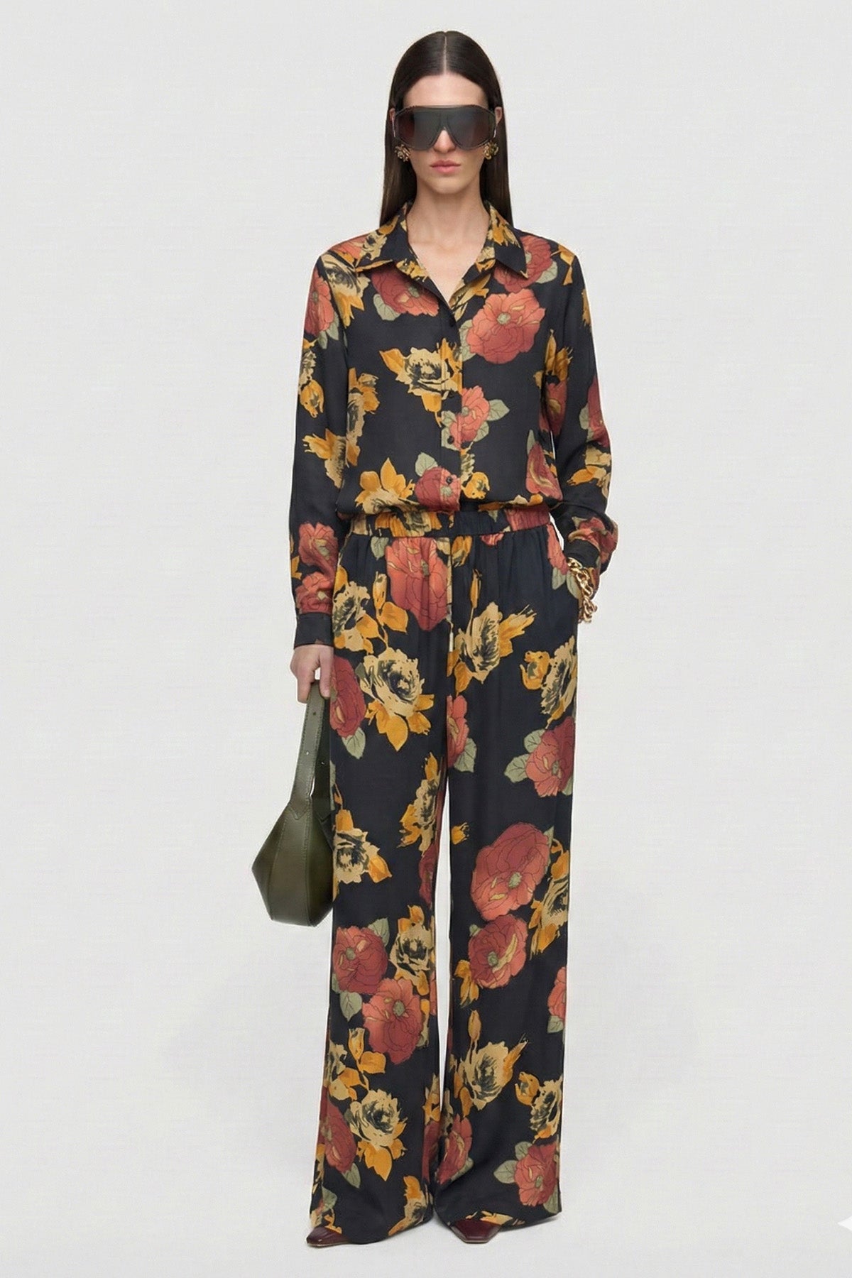 Kadın Kupro Desenli Belden Lastikli Bol Paça Pantolon