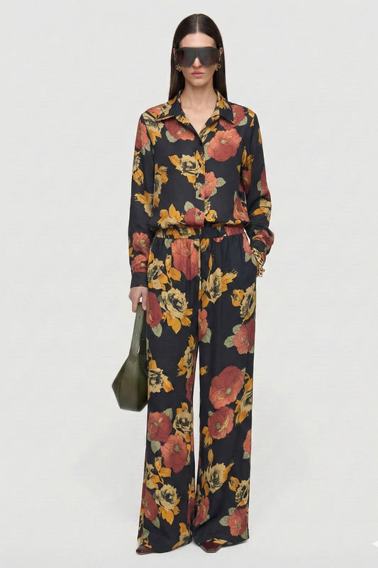 Kadın Kupro Desenli Belden Lastikli Bol Paça Pantolon