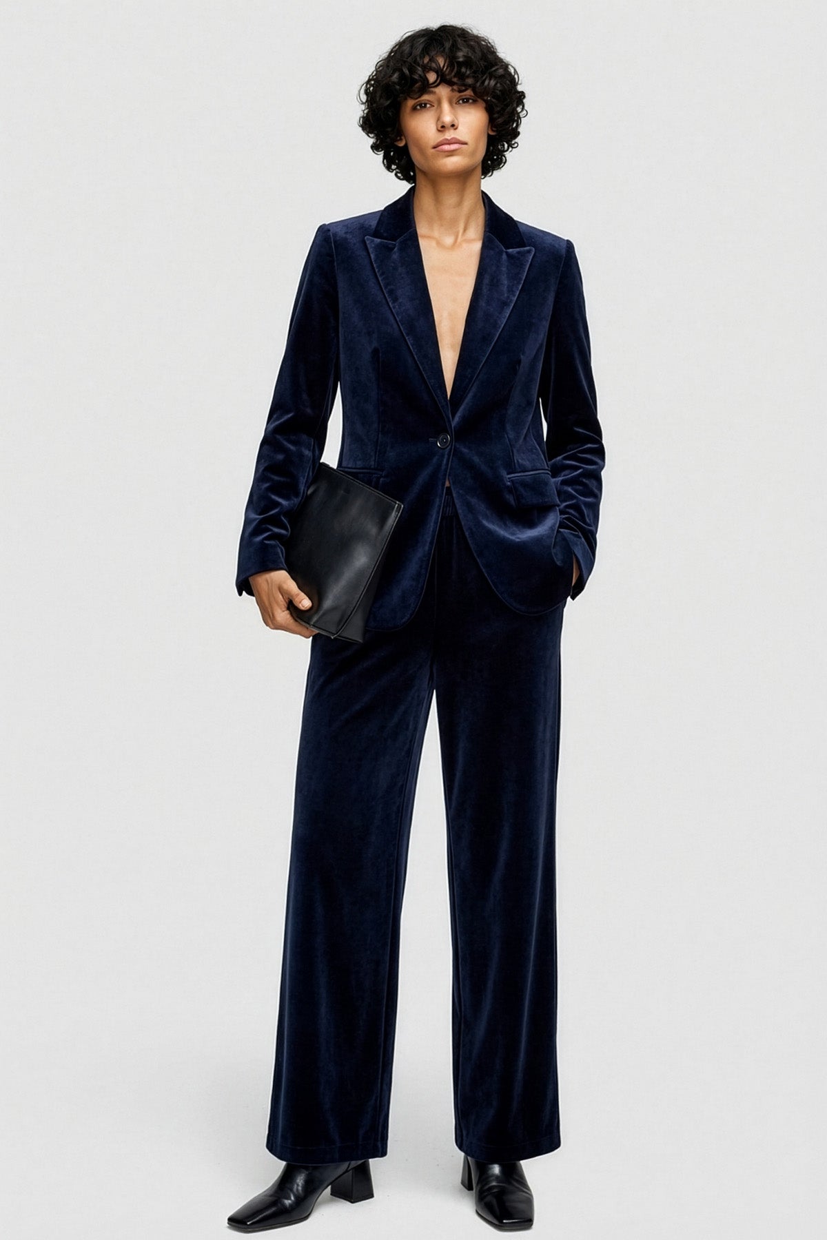 Beli Lastikli Bol Paça Lacivert Kadife Pantolon