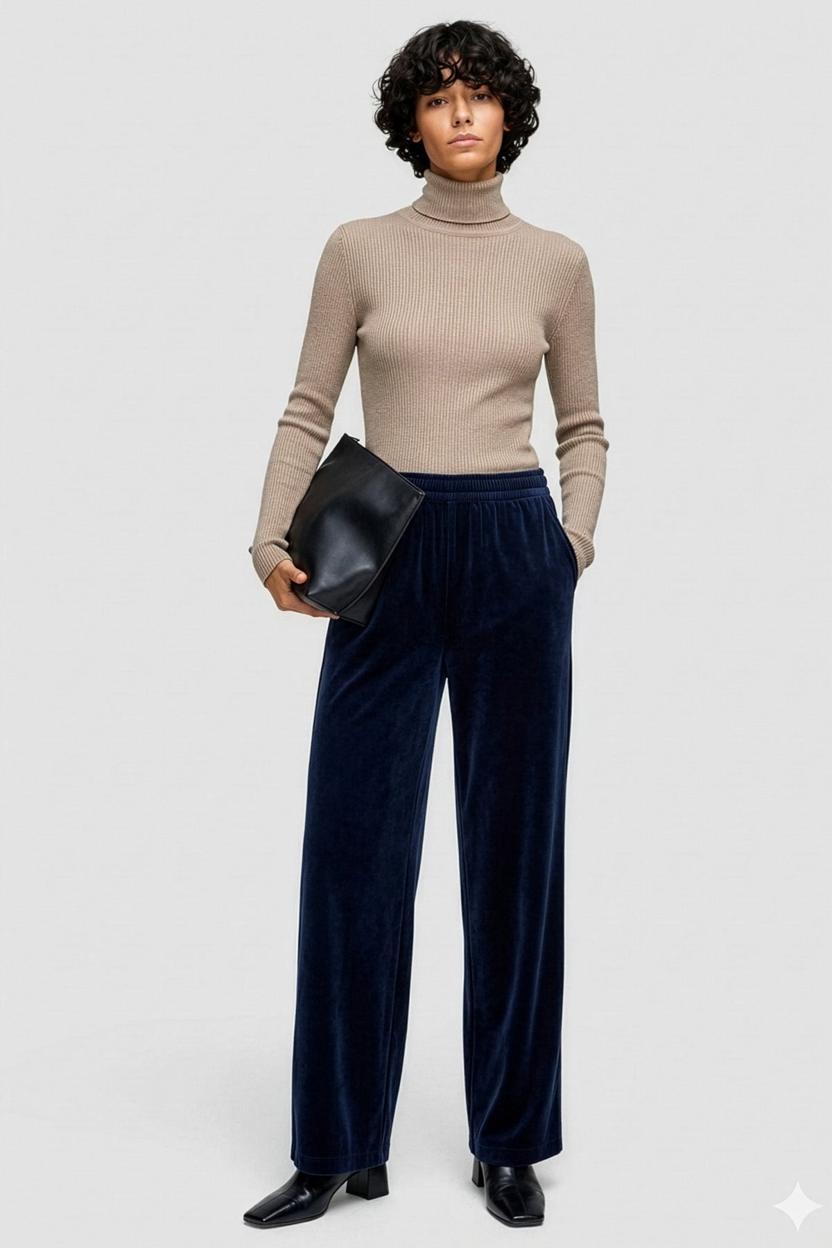 Beli Lastikli Bol Paça Lacivert Kadife Pantolon