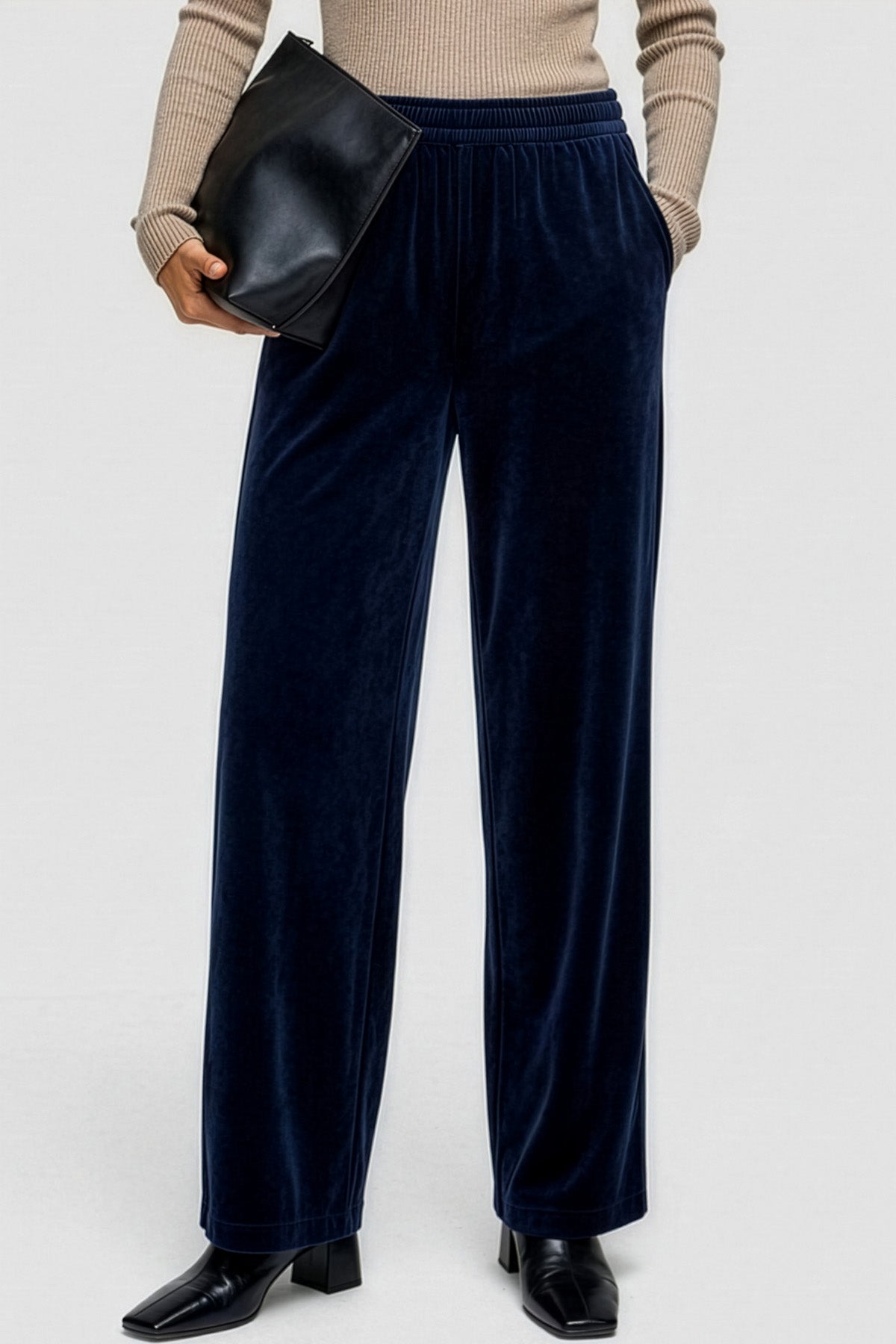 Beli Lastikli Bol Paça Lacivert Kadife Pantolon