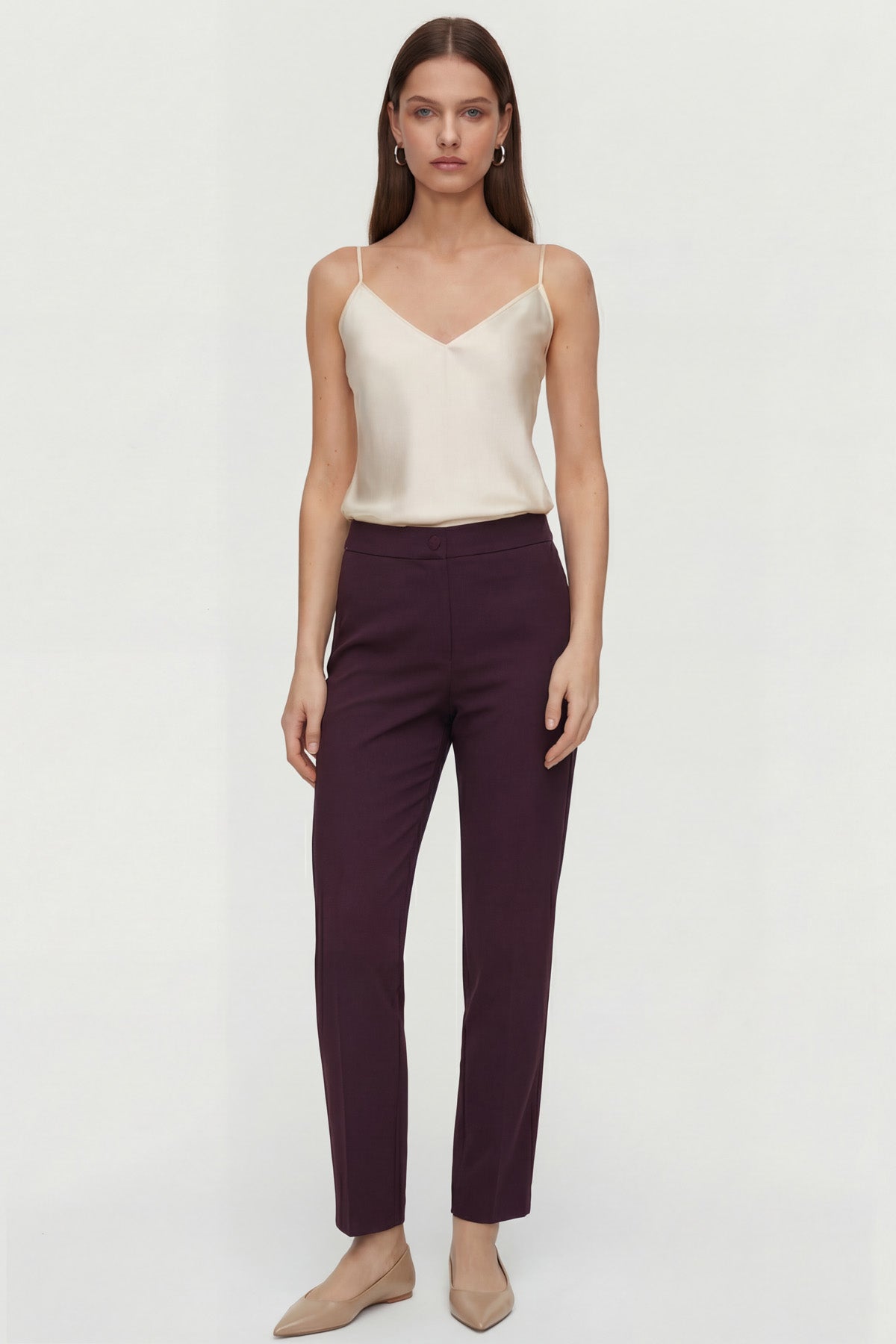 Yüksek Bel Düğme ve Fermuar Detaylı Bootcut Krep Pantolon - Mürdüm