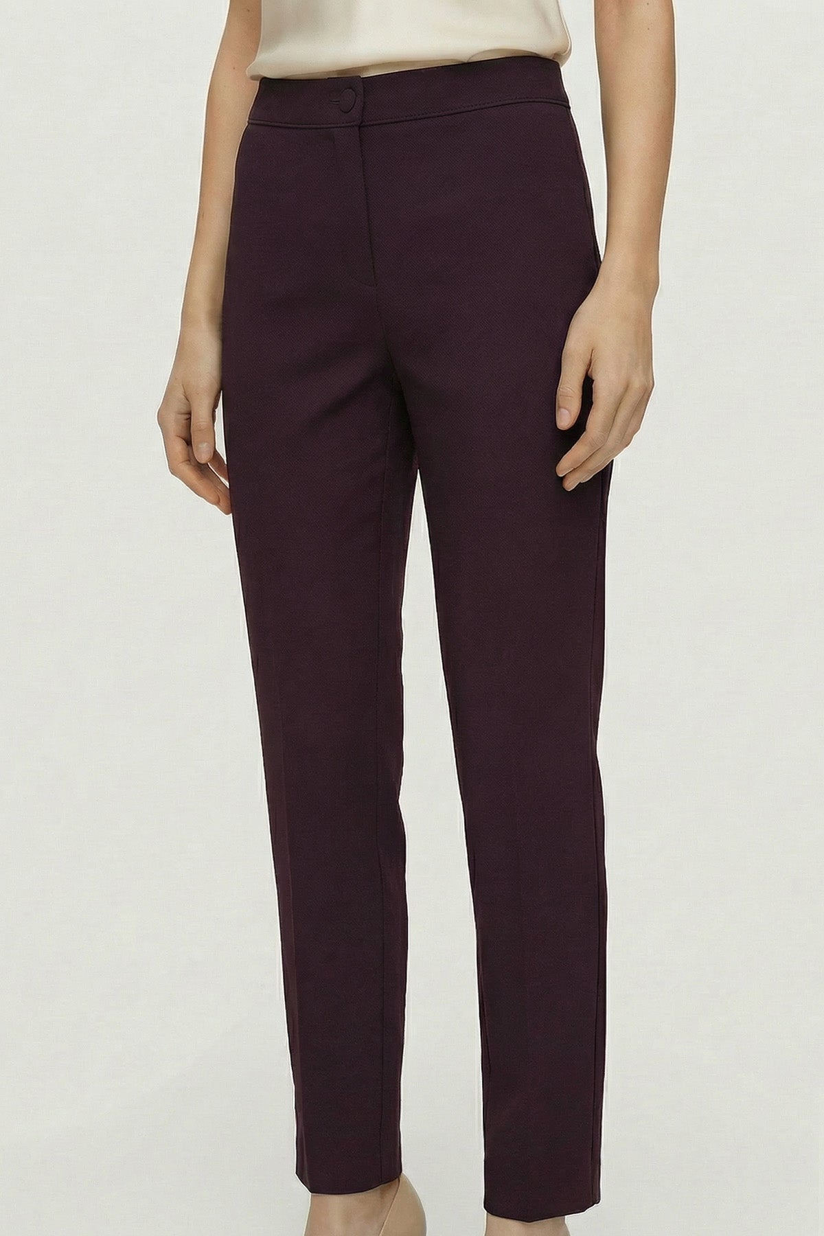 Yüksek Bel Düğme ve Fermuar Detaylı Bootcut Krep Pantolon - Mürdüm