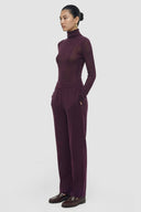 Elastic Waist Straight Fit Crepe Trousers - Plum