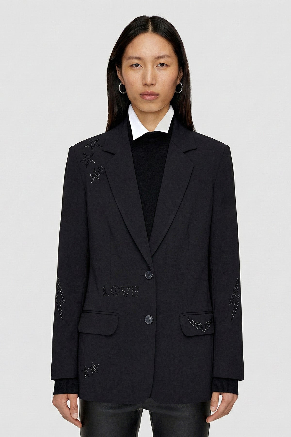 Siyah Kadın Taş İşlemeli ve Motifli Tasarım Blazer Ceket