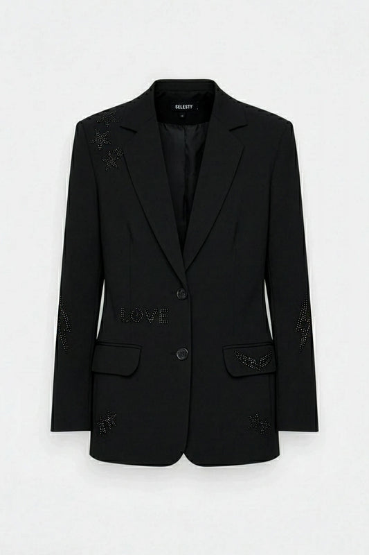 Siyah Kadın Taş İşlemeli ve Motifli Tasarım Blazer Ceket