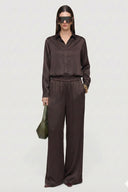 Kadın Kahve Saten Belden Lastikli Bol Paça Pantolon