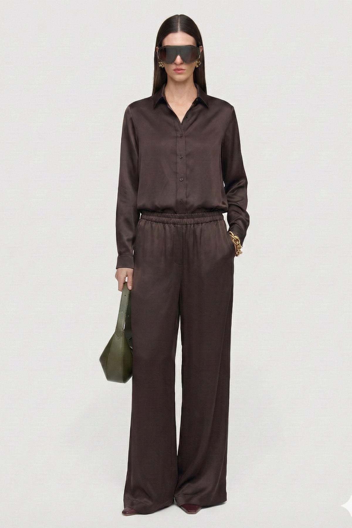 Kadın Kahve Saten Belden Lastikli Bol Paça Pantolon