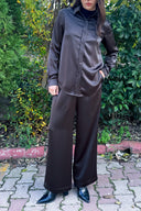 Kadın Kahve Saten Belden Lastikli Bol Paça Pantolon