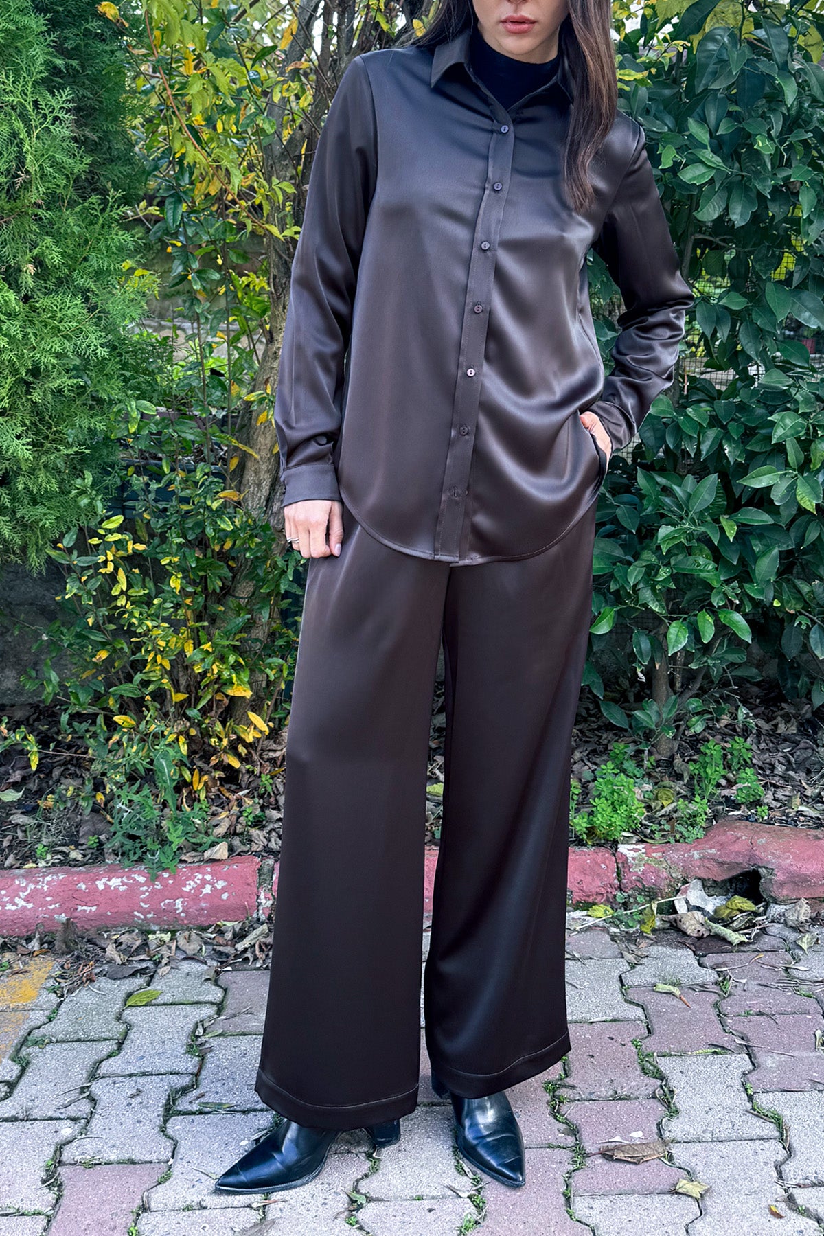 Kadın Kahve Saten Belden Lastikli Bol Paça Pantolon